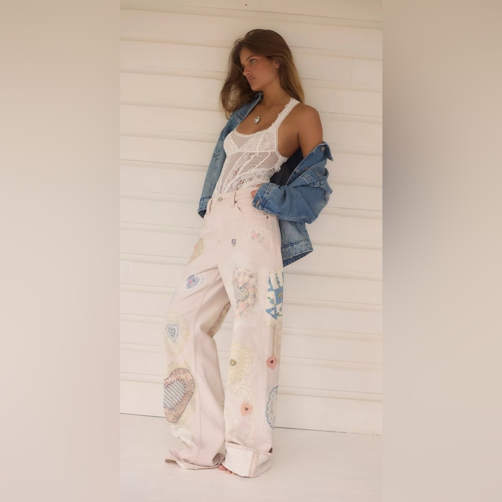 We The Free Tinsley illusion Printed Jeans heirloom ivory hearts
